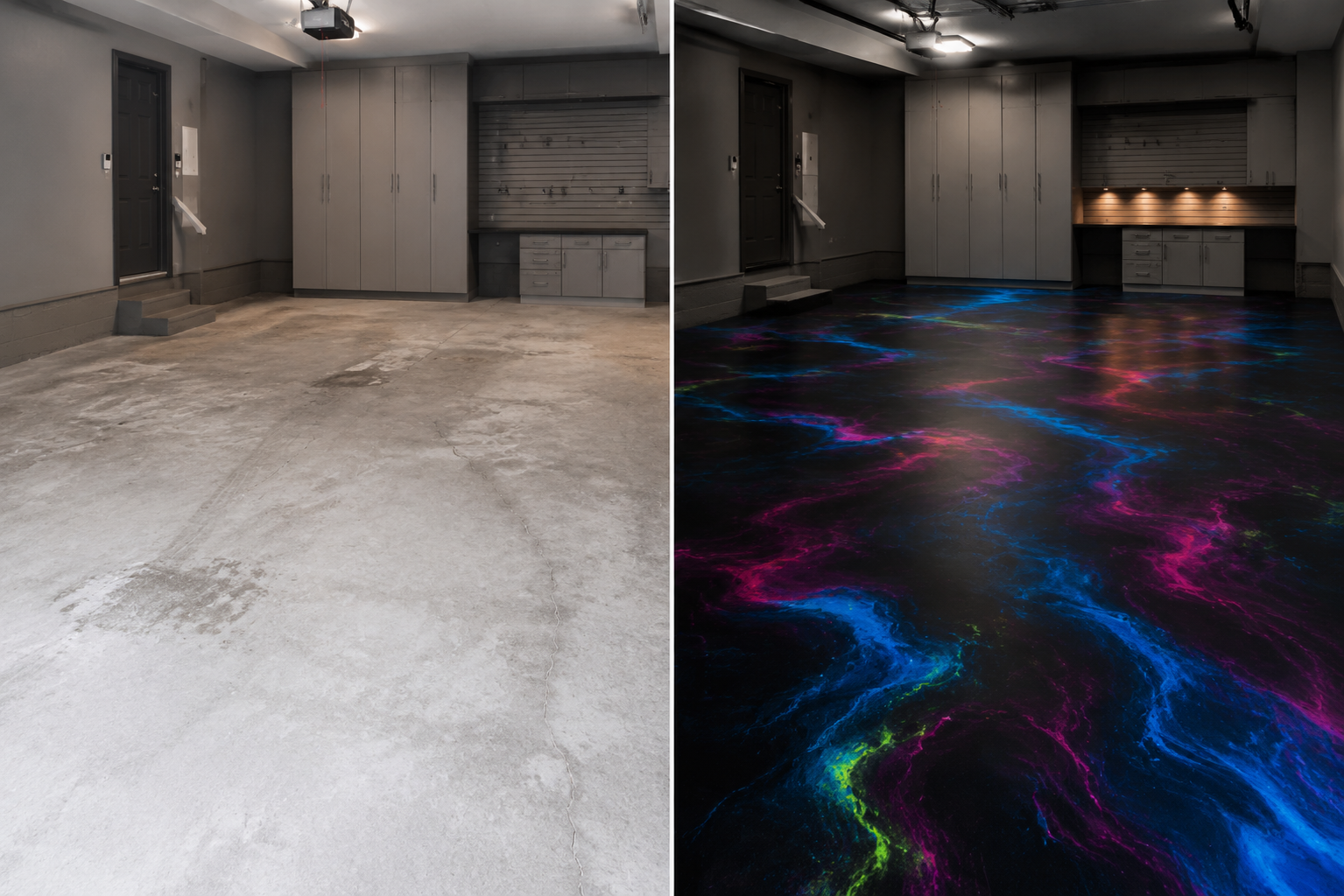 Split view of a worn bare concrete garage floor beside the same garage after a black metallic epoxy floor with vivid blue, magenta, and green swirls